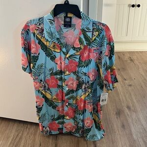 DC Men's Hawaiian style Floral Button Down Shirt - Blue, Pink, Classic Batman